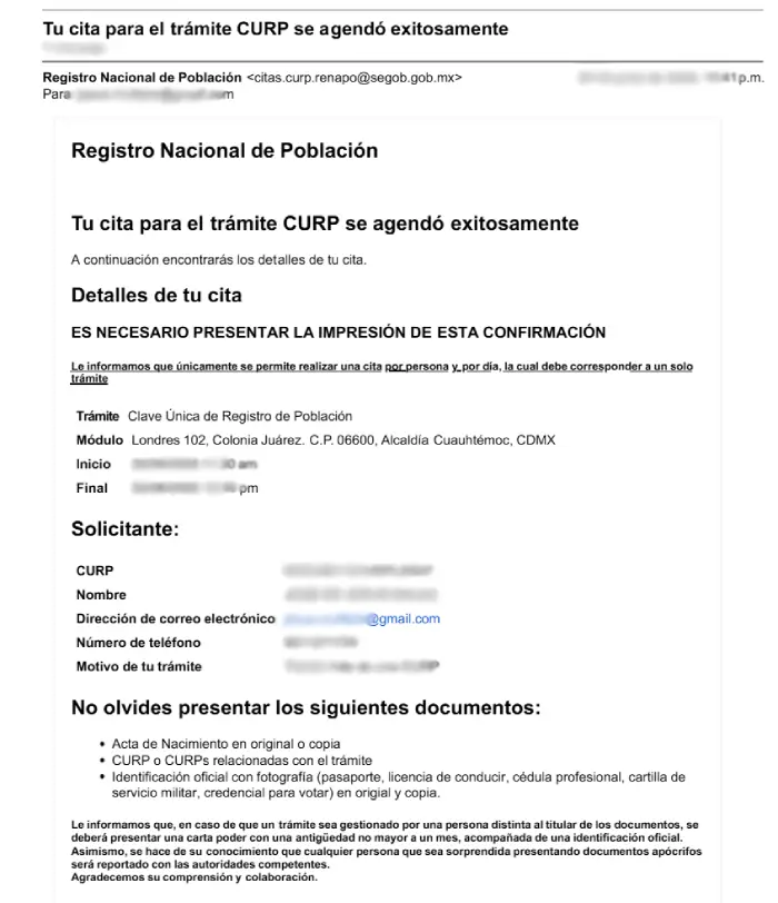 Mesnaje de correo con Confirmación de Cita en RENAPO